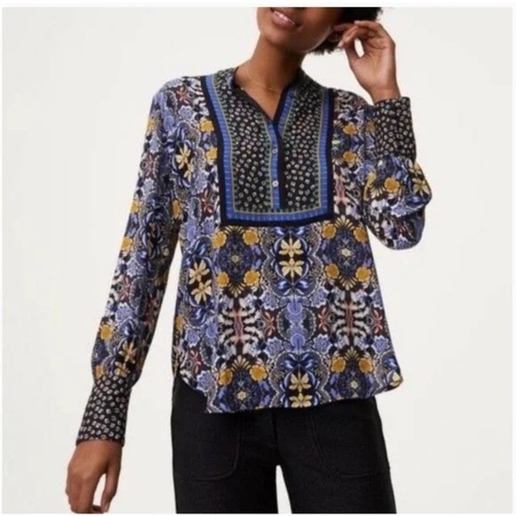 LOFT | Floral Geometric Long Sleeve Popover Blouse Size Small Petite Office - Picture 1 of 10